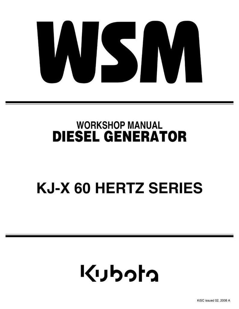 K&ouml;nnte beinhalten: Ein wei&szlig;es Dokument mit schwarzem Text. Der Text lautet "WSM WORKSHOP MANUAL DIESEL GENERATOR KJ-X 60 HERTZ SERIES" und das Kubota-Logo. Das Dokument ist ein Werkstatthandbuch f&uuml;r einen Dieselgenerator.