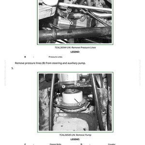 Puede incluir: Diagrama t&eacute;cnico con dos im&aacute;genes que ilustran los procedimientos de reparaci&oacute;n de autom&oacute;viles. La primera imagen muestra las l&iacute;neas de presi&oacute;n etiquetadas como 'B'. La segunda imagen muestra los pernos de brida etiquetados como 'C' y un acoplador etiquetado como 'D'. El texto explica los pasos.