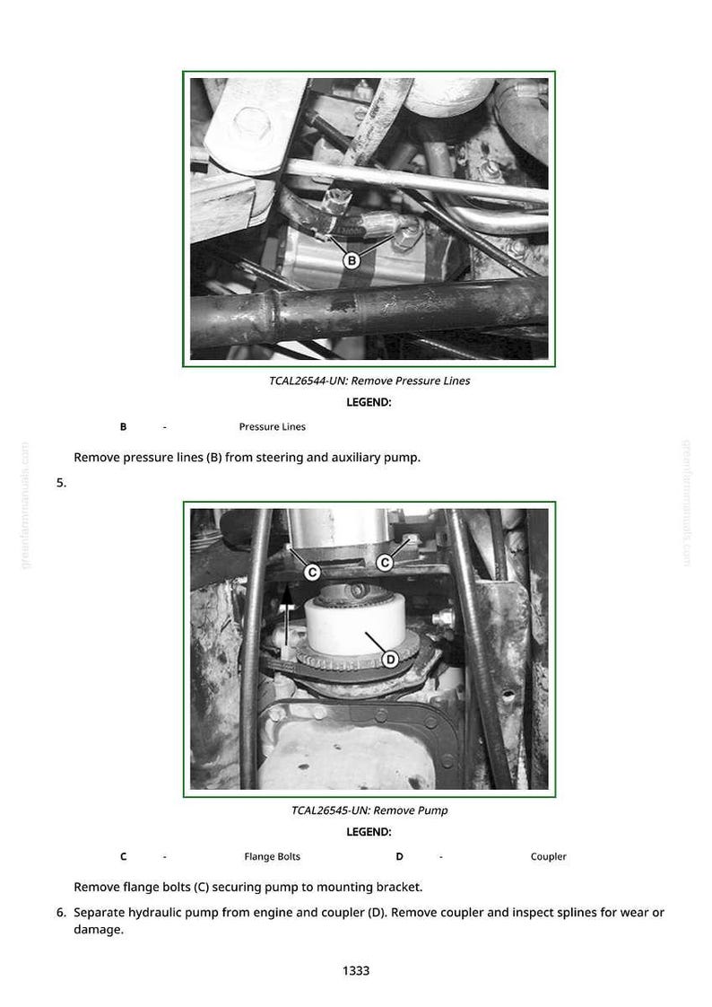 Puede incluir: Diagrama t&eacute;cnico con dos im&aacute;genes que ilustran los procedimientos de reparaci&oacute;n de autom&oacute;viles. La primera imagen muestra las l&iacute;neas de presi&oacute;n etiquetadas como 'B'. La segunda imagen muestra los pernos de brida etiquetados como 'C' y un acoplador etiquetado como 'D'. El texto explica los pasos.