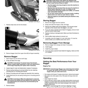 May include: A detailed instructional manual page with text and diagrams. It covers topics like storing and removing a bagger, safety precautions, and tips for optimal performance. The page includes warnings and numbered steps.