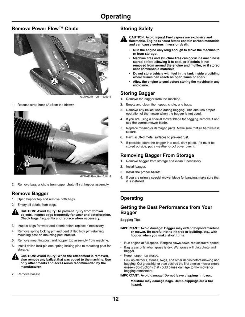 May include: A detailed instructional manual page with text and diagrams. It covers topics like storing and removing a bagger, safety precautions, and tips for optimal performance. The page includes warnings and numbered steps.