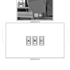 May include: Diagram of a tractor's left-hand front turn signal connector, labeled H15. The image includes a close-up of the signal light and a diagram with three labeled boxes: A, B, and C. Text includes "CQ282164-UN: H15" and "CQ230140-UN: H15".