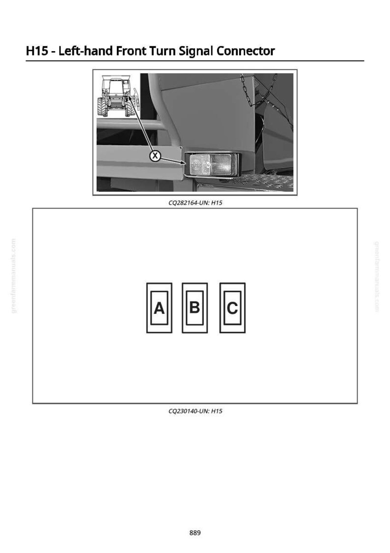 May include: Diagram of a tractor's left-hand front turn signal connector, labeled H15. The image includes a close-up of the signal light and a diagram with three labeled boxes: A, B, and C. Text includes "CQ282164-UN: H15" and "CQ230140-UN: H15".