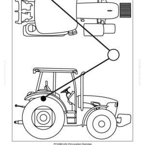 May include: Line drawing of a tractor, with an overhead view of the tractor's top and a side view. The image includes the text "PY14382-UN: X16 Location Overview" and the number "1285".
