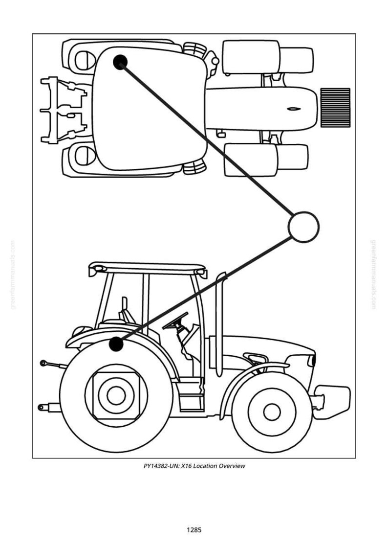 May include: Line drawing of a tractor, with an overhead view of the tractor's top and a side view. The image includes the text "PY14382-UN: X16 Location Overview" and the number "1285".