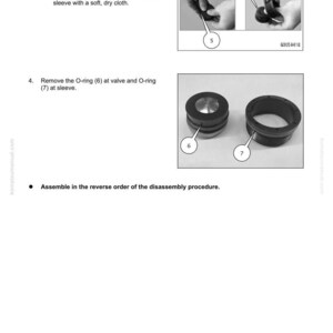 May include: Diagram from a manual titled "50 Disassembly and Assembly". The image shows steps for removing a valve and O-ring from a sleeve. Includes close-up photos and numbered labels for each part. Text includes instructions.