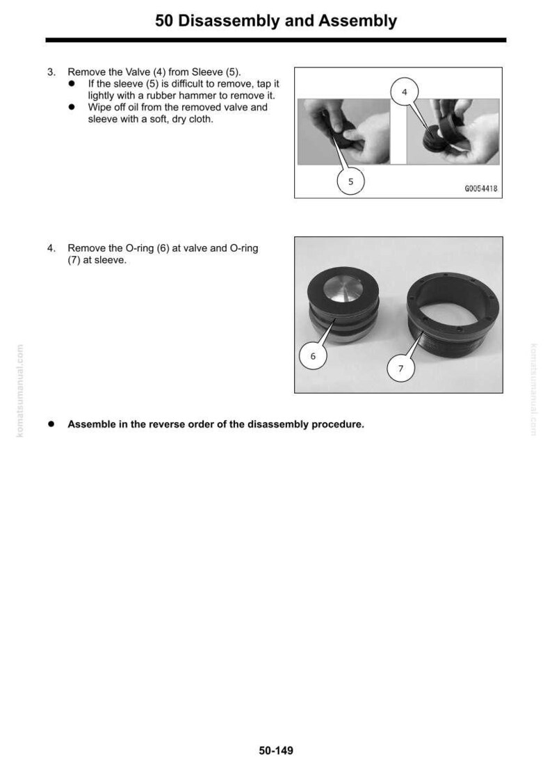 May include: Diagram from a manual titled "50 Disassembly and Assembly". The image shows steps for removing a valve and O-ring from a sleeve. Includes close-up photos and numbered labels for each part. Text includes instructions.