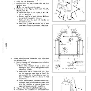 May include: Diagram of an operator cab assembly with labels and instructions for disassembly and assembly. Includes detailed illustrations of seal placement, measurements in millimeters, and component identification for maintenance.