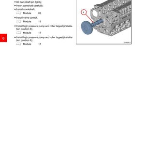 May include: Diagram of a camshaft installation process. The image includes a detailed illustration of an engine component with a blue component inserted into a gray engine block. Text includes instructions and module numbers.