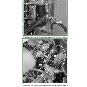 May include: Diagram of a machine's internal components, including a transducer, oil filter manifold, and hydraulic oil test port. The image is in black and white and includes labels and part numbers.