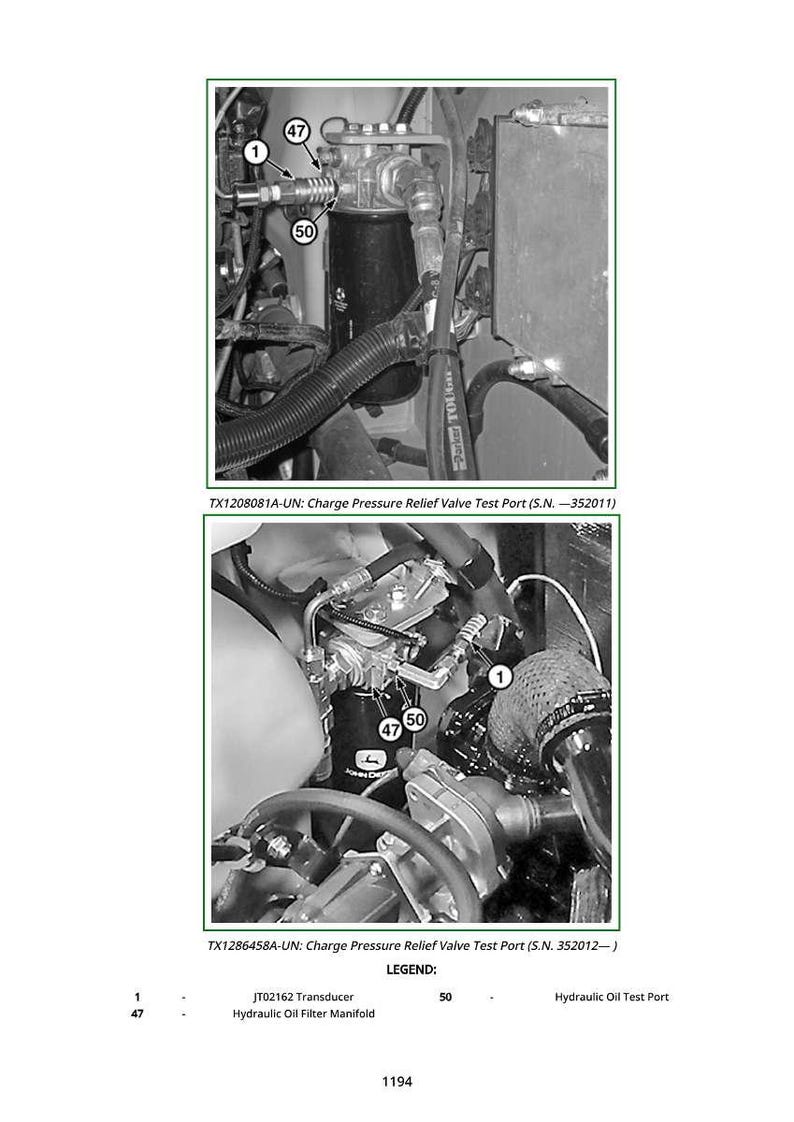May include: Diagram of a machine's internal components, including a transducer, oil filter manifold, and hydraulic oil test port. The image is in black and white and includes labels and part numbers.