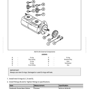 May include: Diagram of hydraulic pump external components, including O-rings, fittings, and a gear. The diagram includes a legend and instructions for installation, with torque specifications in lb-ft.