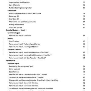 May include: A detailed table of contents from a manual, listing product identification numbers, repair components, and driveline repair procedures. The text is in black on a white background, with page numbers on the right.