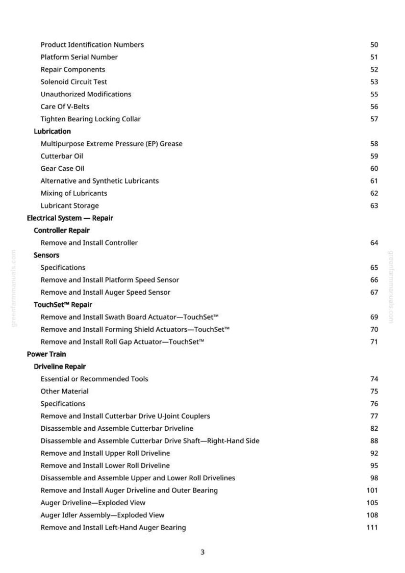 May include: A detailed table of contents from a manual, listing product identification numbers, repair components, and driveline repair procedures. The text is in black on a white background, with page numbers on the right.