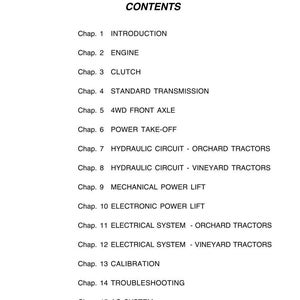 Peut inclure: Une page blanche avec le titre &laquo;&nbsp;CONTENTS&nbsp;&raquo; et une liste de chapitres. Les chapitres couvrent des sujets tels que le moteur, l'embrayage, la transmission et les syst&egrave;mes &eacute;lectriques des tracteurs. Le texte est en noir.