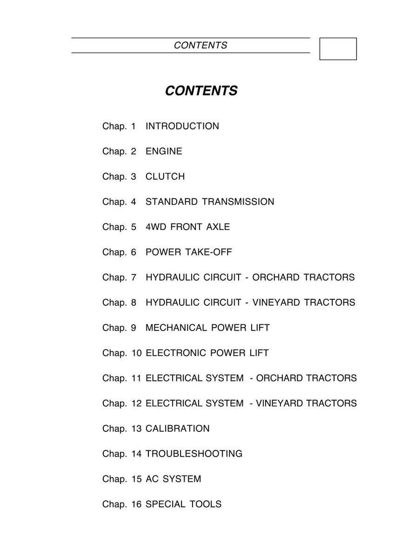Peut inclure: Une page blanche avec le titre &laquo;&nbsp;CONTENTS&nbsp;&raquo; et une liste de chapitres. Les chapitres couvrent des sujets tels que le moteur, l'embrayage, la transmission et les syst&egrave;mes &eacute;lectriques des tracteurs. Le texte est en noir.