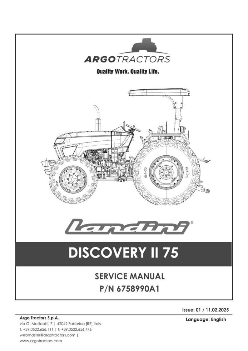 May include: A service manual for the Landini Discovery II 75 tractor, with a detailed diagram of the vehicle. The cover displays the Argo Tractors logo and the slogan "Quality Work. Quality Life."
