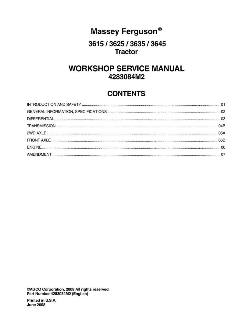 Manual de servicio para tractores Massey Ferguson 3615, 3625, 3635 y 3645 en formato PDF / Reparación de taller / Descarga instantánea imagen 2
