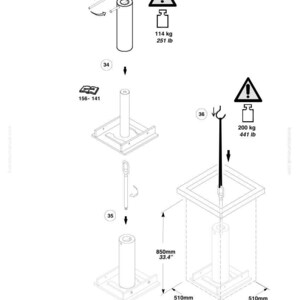 Puede incluir: Diagrama t&eacute;cnico con varios componentes cil&iacute;ndricos, una base cuadrada y una biela. Las dimensiones se indican en mil&iacute;metros y los pesos en kilogramos. Se incluyen s&iacute;mbolos de advertencia y especificaciones de peso.