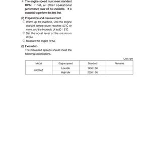 K&ouml;nnte beinhalten: Eine wei&szlig;e Seite mit Text, der die Verfahren zur Messung der Motordrehzahl detailliert. Der Text enth&auml;lt Anweisungen zum Messen der Drehzahl, Vorbereitungsschritte und Bewertungskriterien. Eine Tabelle listet Modell, Motordrehzahl und Standard-Drehzahlwerte auf.
