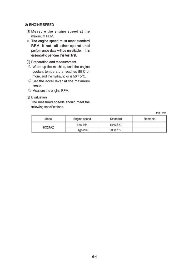 K&ouml;nnte beinhalten: Eine wei&szlig;e Seite mit Text, der die Verfahren zur Messung der Motordrehzahl detailliert. Der Text enth&auml;lt Anweisungen zum Messen der Drehzahl, Vorbereitungsschritte und Bewertungskriterien. Eine Tabelle listet Modell, Motordrehzahl und Standard-Drehzahlwerte auf.