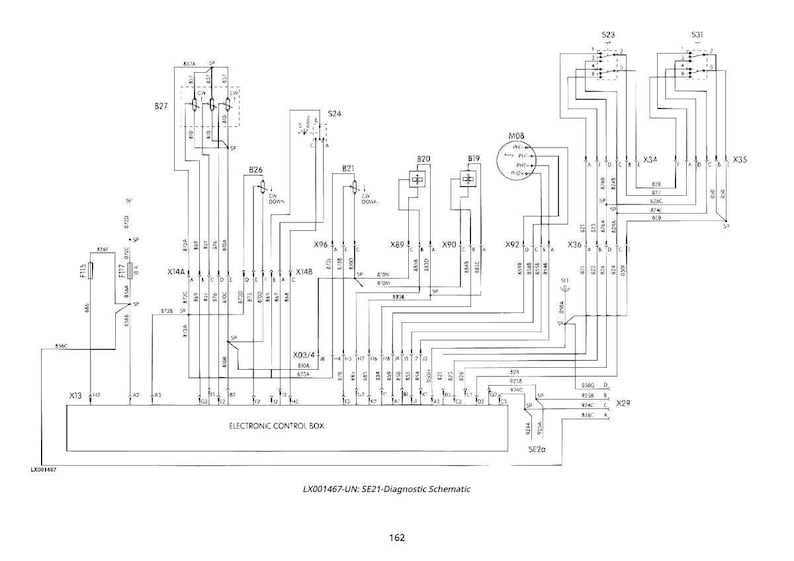 May include: A detailed black and white schematic diagram of an electronic control box, with numerous lines, symbols, and labels. The diagram includes text such as "ELECTRONIC CONTROL BOX" and "SE21-Diagnostic Schematic".