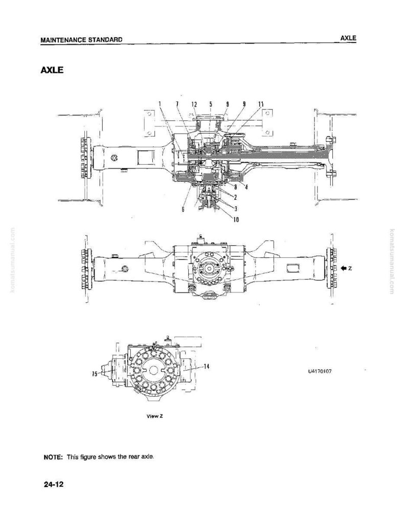 May include: Diagram of an axle, labeled "AXLE" at the top. The image shows three views of the axle, including a top-down view and a side view, with various components numbered for reference. The text "MAINTENANCE STANDARD" is at the top.