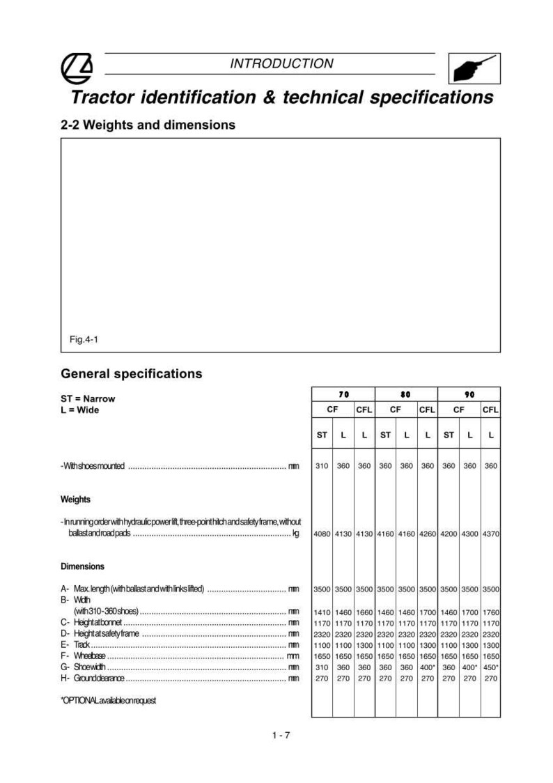 K&ouml;nnte beinhalten: Technisches Dokument zur Traktoridentifizierung und technischen Spezifikationen. Tabellen zeigen Abmessungen und Gewichte in Millimetern und Kilogramm f&uuml;r die Modelle 70, 80 und 90.