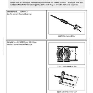 May include: Image of service equipment and tools, including an extractor tool for pilot bearings and tools for removing beveled bearings. The image includes diagrams and model numbers for each tool.