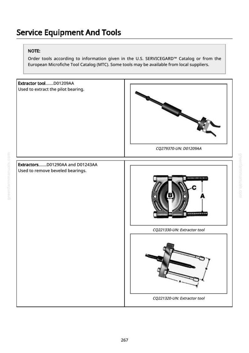 May include: Image of service equipment and tools, including an extractor tool for pilot bearings and tools for removing beveled bearings. The image includes diagrams and model numbers for each tool.