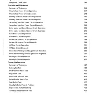 May include: A detailed table of contents from a manual, featuring various diagnostic and operational tests. The text includes headings like "Diagnostics," "Operation and Diagnostics," and "Tests and Adjustments," with corresponding page numbers.
