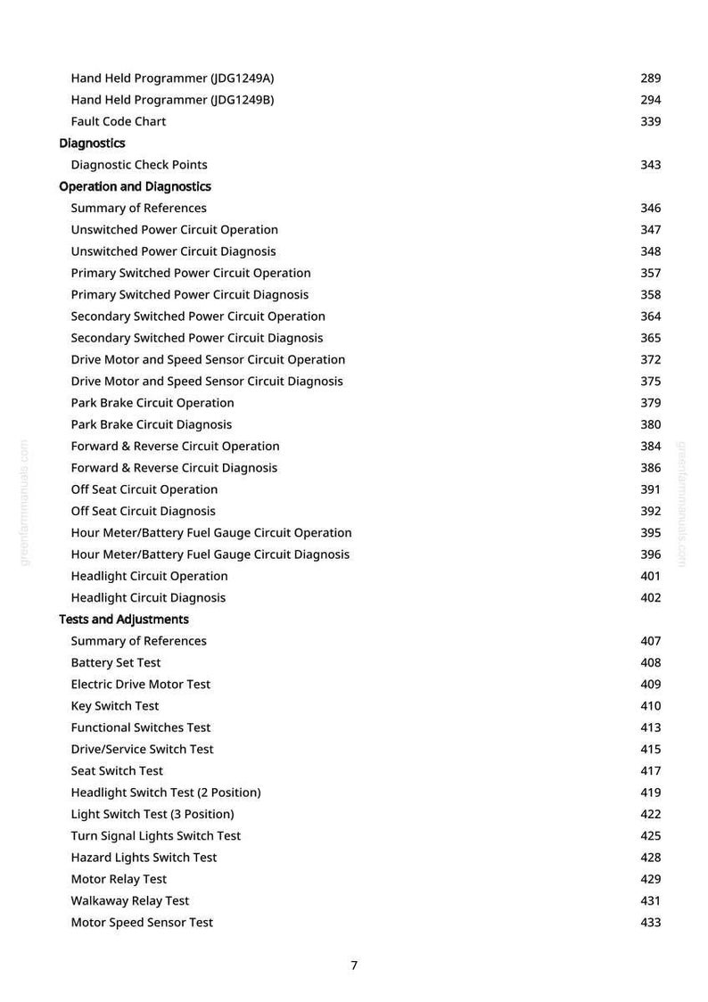 May include: A detailed table of contents from a manual, featuring various diagnostic and operational tests. The text includes headings like "Diagnostics," "Operation and Diagnostics," and "Tests and Adjustments," with corresponding page numbers.