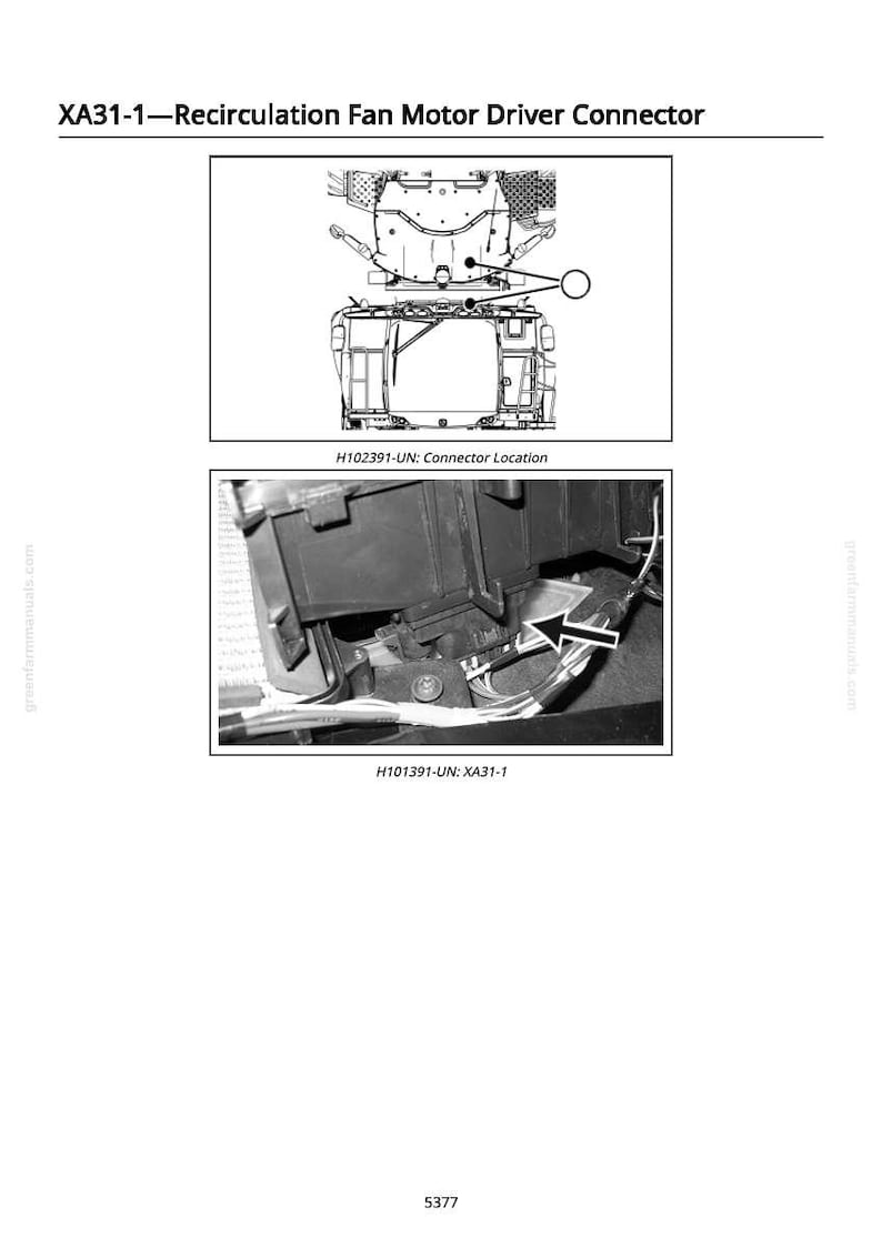 May include: Diagram of a recirculation fan motor driver connector, labeled XA31-1. The image includes two detailed diagrams showing the connector location and a close-up view. Text includes "H102391-UN: Connector Location" and "H101391-UN: XA31-1".