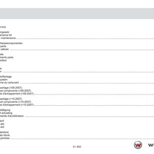 May include: A page from a manual with the title "Inhaltsverzeichnis Contents Table des mati&egrave;res". The document lists various engine-related components, including service kits, wear parts, and fuel systems. The Weidemann logo is in the bottom right corner.