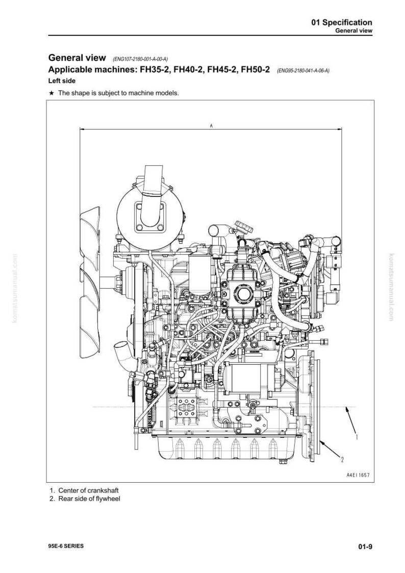 May include: Detailed technical diagram of an engine, labeled as a general view. The diagram includes the text "Applicable machines: FH35-2, FH40-2, FH45-2, FH50-2" and "Left side". The image is a black and white line drawing.