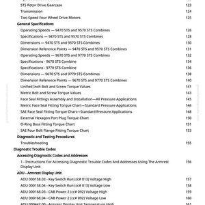May include: A printed page from a manual, featuring a table of contents with various technical specifications, diagnostic procedures, and trouble codes. The text includes terms like "Gearcase," "Torque Values," and "Display Unit."