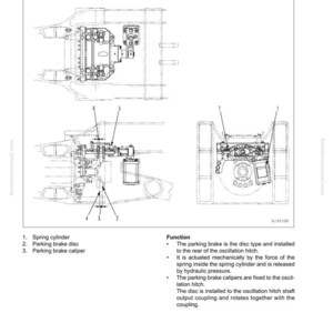 K&ouml;nnte beinhalten: Technische Zeichnung eines Feststellbremssystems mit Beschriftungen f&uuml;r Federzylinder, Bremsscheibe und Bremssattel. Der Text erkl&auml;rt die Funktion der Scheibenbremse.