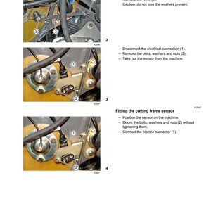 May include: Diagram of a machine component with close-up views detailing the removal and fitting of a cutting frame sensor. Includes numbered steps and labels for bolts, levers, and connectors. The CLAAS logo is visible.