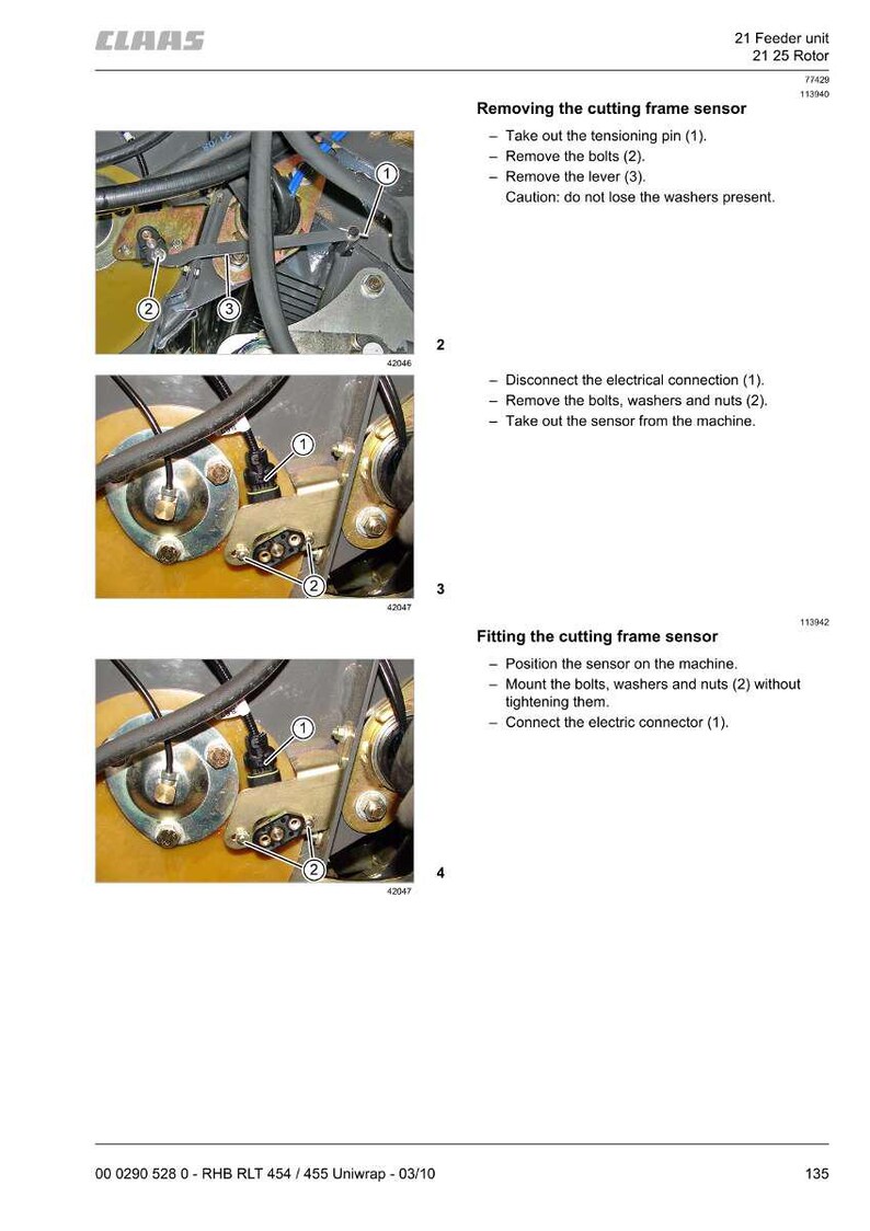 May include: Diagram of a machine component with close-up views detailing the removal and fitting of a cutting frame sensor. Includes numbered steps and labels for bolts, levers, and connectors. The CLAAS logo is visible.