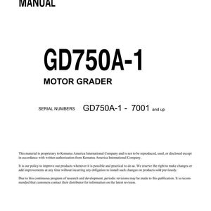 May include: A white shop manual cover with the text "SHOP MANUAL" at the top. The title "GD750A-1 MOTOR GRADER" is prominently displayed in large, bold, black letters. The serial numbers are also listed.