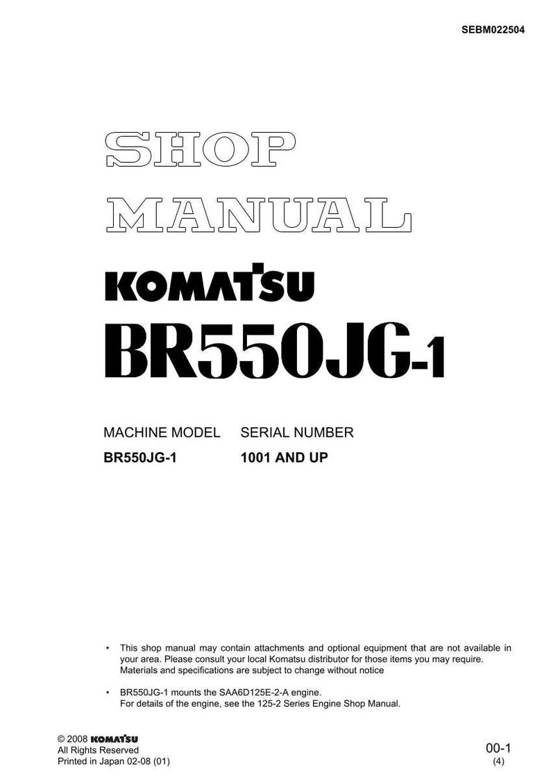 May include: Shop manual for Komatsu BR550JG-1. The cover features the Komatsu logo and the model number in bold, black text. The manual includes the machine model, serial number, and other technical details.