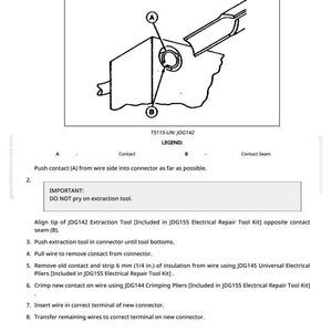 Op de afbeelding: Diagram van een kleine MATE-N-LOC socket connector reparatie. De afbeelding bevat een gedetailleerde illustratie van de connector, gelabeld met punten A en B, en een lijst met reparatiestappen. Tekst bevat "Duw contact (A) van de draadkant in de connector zo ver mogelijk."