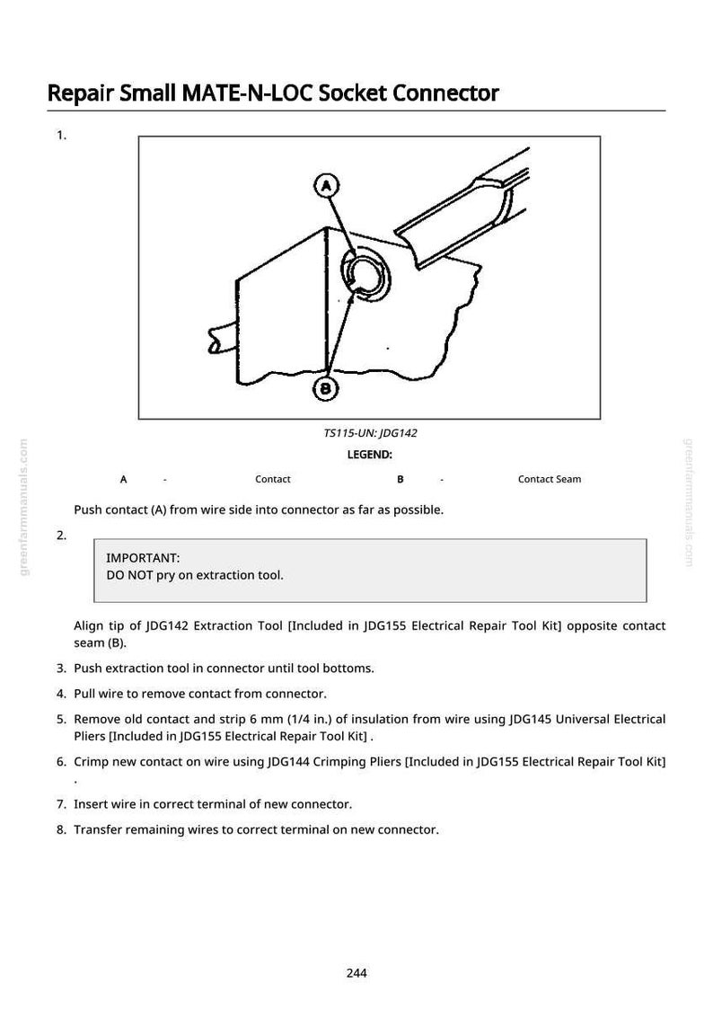 Op de afbeelding: Diagram van een kleine MATE-N-LOC socket connector reparatie. De afbeelding bevat een gedetailleerde illustratie van de connector, gelabeld met punten A en B, en een lijst met reparatiestappen. Tekst bevat "Duw contact (A) van de draadkant in de connector zo ver mogelijk."