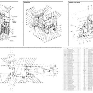 May include: Detailed technical diagrams of machinery components, including auxiliary control cabinet, operator cab, hydraulic brake cabinet, and main frame. Each diagram is labeled with numbered parts and lines, with a parts list at the bottom. The diagrams are in black and white.