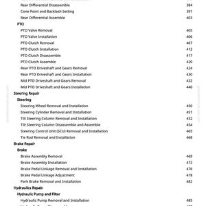 May include: A manual page detailing automotive repair procedures. Sections include driveshaft, differential, PTO, steering, brake, and hydraulics. Text is black on a white background, with page numbers on the right.