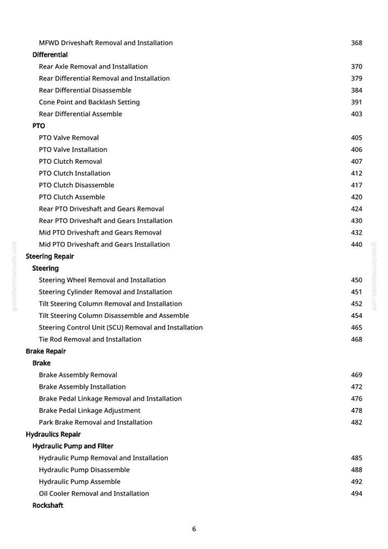 May include: A manual page detailing automotive repair procedures. Sections include driveshaft, differential, PTO, steering, brake, and hydraulics. Text is black on a white background, with page numbers on the right.