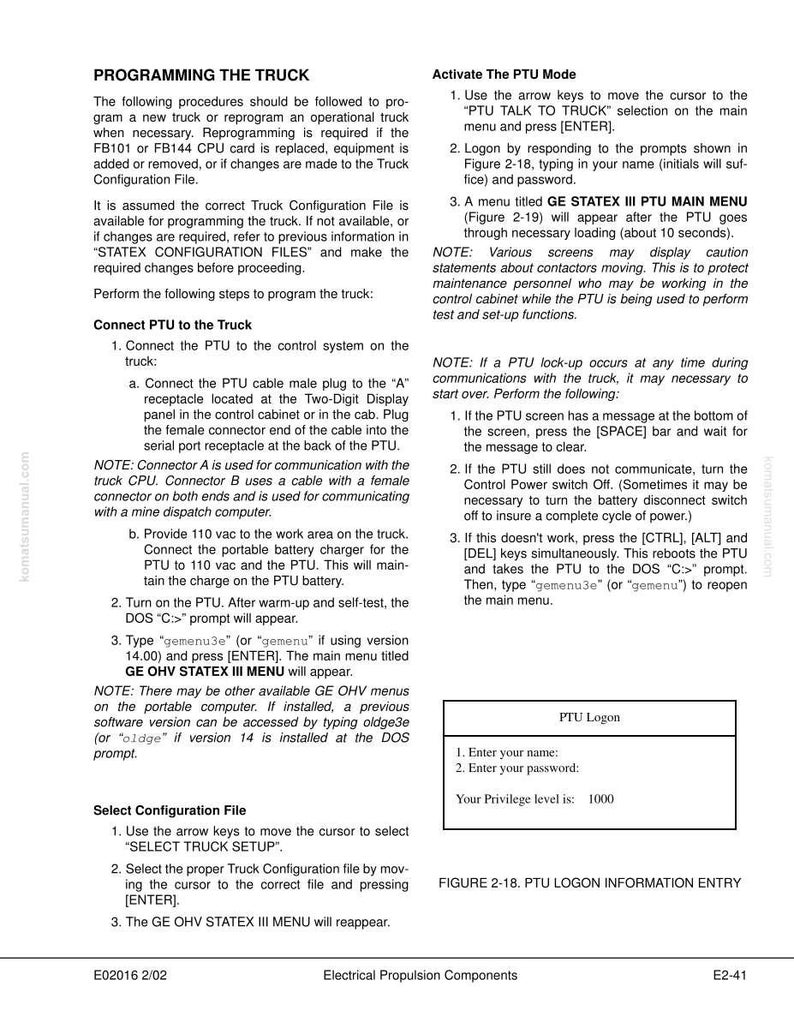 May include: A page from an electrical components manual with instructions for programming a truck's PTU. The text includes steps for connecting the PTU, activating the PTU mode, and selecting a configuration file. Figure 2-18 shows a PTU logon prompt.