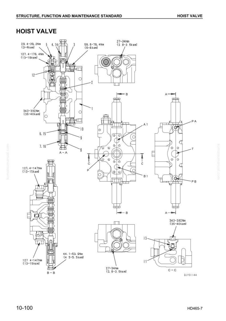 May include: Diagram of a hoist valve, a component used in machinery. The image includes multiple views and cross-sections, with annotations indicating measurements in Newton-meters (Nm) and kilopond-meters (kgm). The text "HOIST VALVE" is prominently displayed.