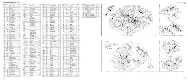 May include: A black and white technical drawing with multiple columns of text and several diagrams. The diagrams feature radial lines emanating from central points, creating a complex visual representation. The image is a detailed illustration.