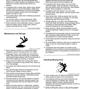 May include: A safety guide for lawn mower operation and maintenance, with diagrams. Includes advice on blade checks, battery safety, and mowing area preparation. Features illustrations of safe practices.